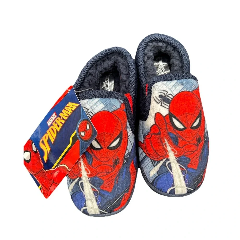 Boys Spiderman Slippers Marvel‎ Slip On Kids Size 8 Fleece Insole Navy Spidey